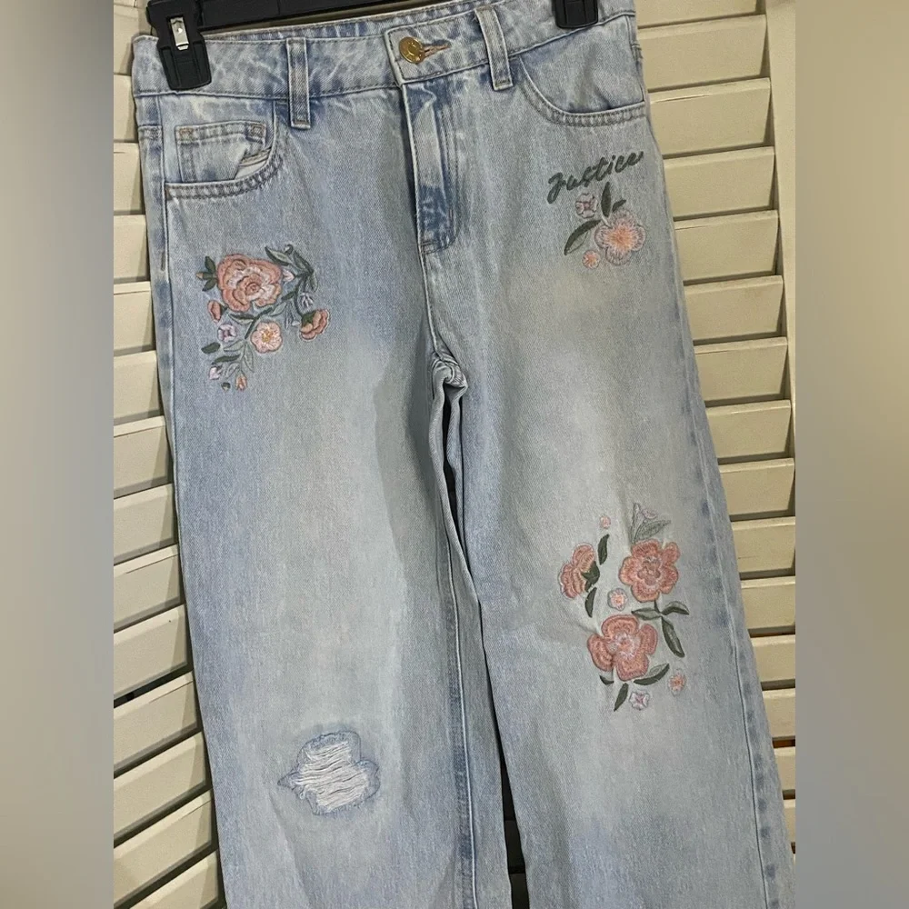Girls Justice Embroidered Jean Jacket and Wide Leg Jeans Set